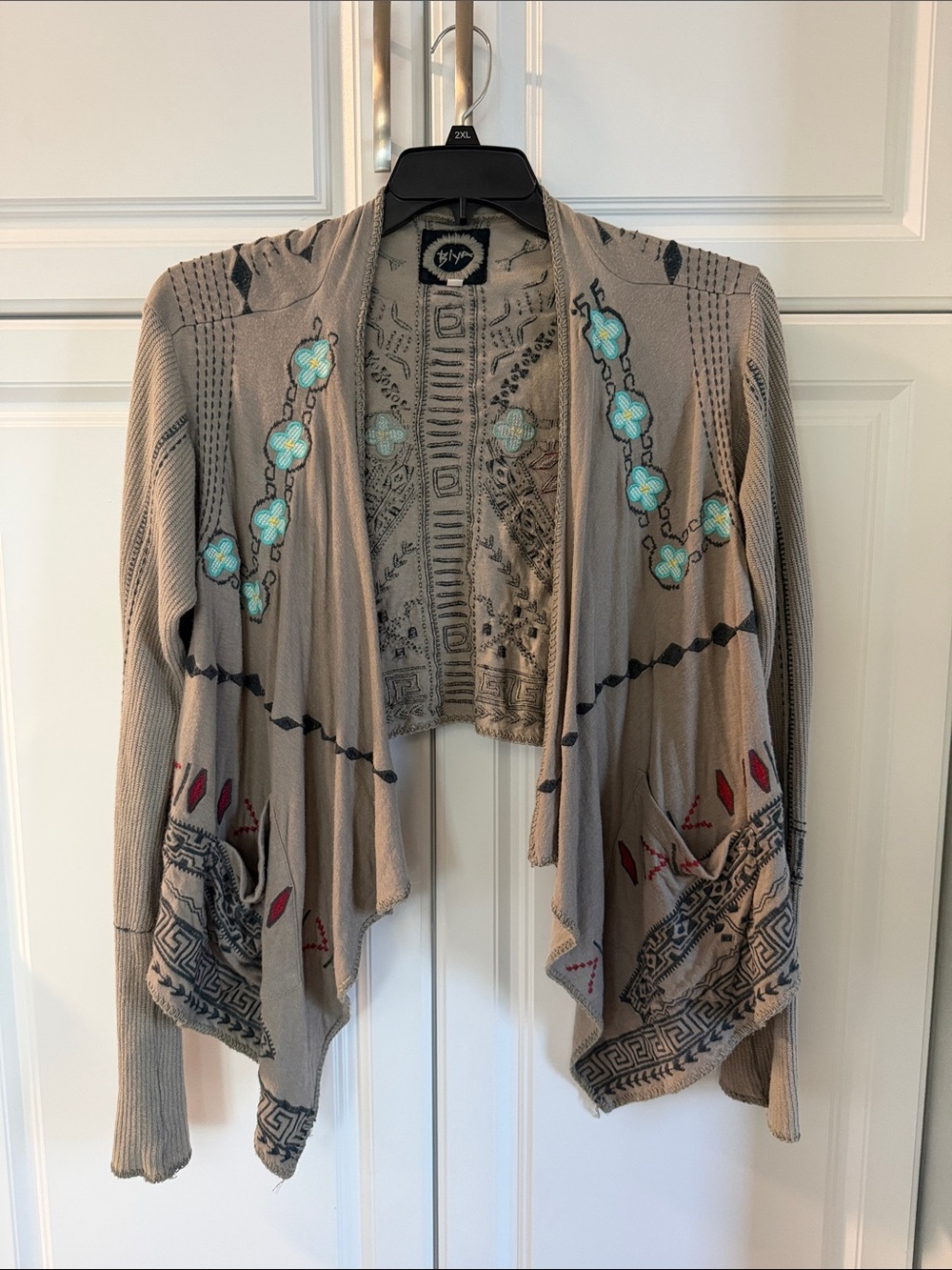Embroidered Taupe Draped Women's Cardigan with Turquoise Accents